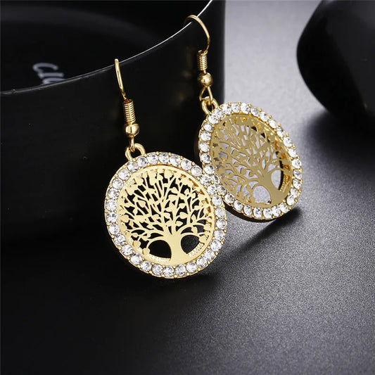 Pendientes de Cristal en Color Dorado con Patrón Árbol de la Vida - Joyería de Moda 2024