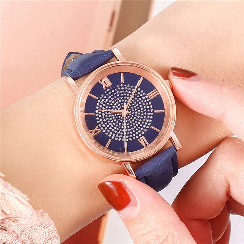 Reloj para Mujer con Dial Estrellado - Moda, Escala Romana y Cristales, Correa de Cuero