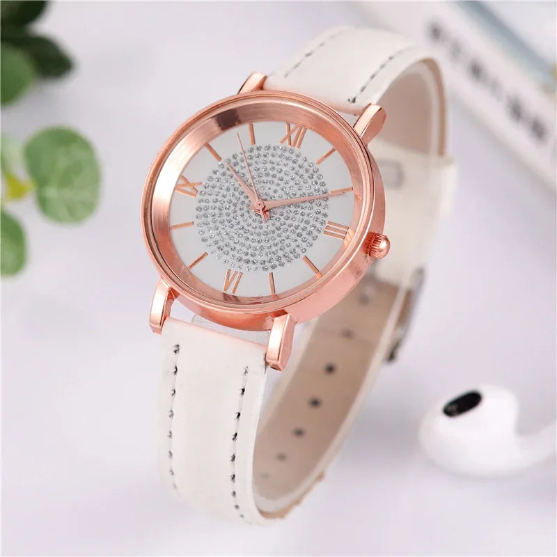 Reloj para Mujer con Dial Estrellado - Moda, Escala Romana y Cristales, Correa de Cuero