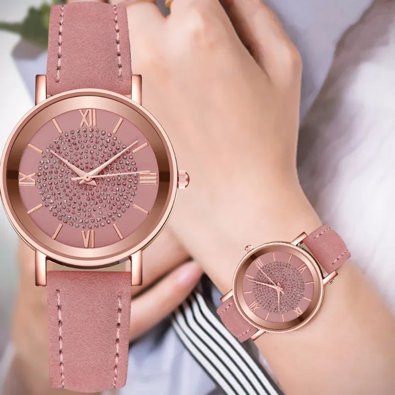 Reloj para Mujer con Dial Estrellado - Moda, Escala Romana y Cristales, Correa de Cuero