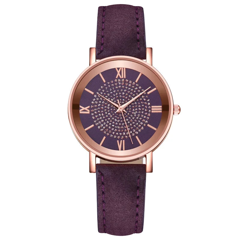 Reloj para Mujer con Dial Estrellado - Moda, Escala Romana y Cristales, Correa de Cuero