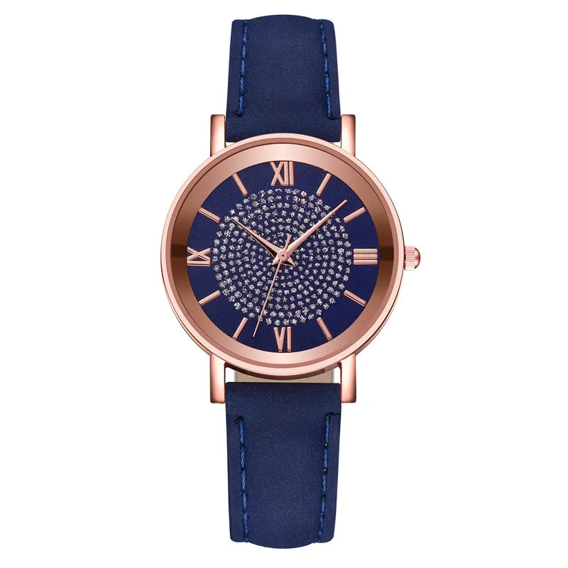 Reloj para Mujer con Dial Estrellado - Moda, Escala Romana y Cristales, Correa de Cuero