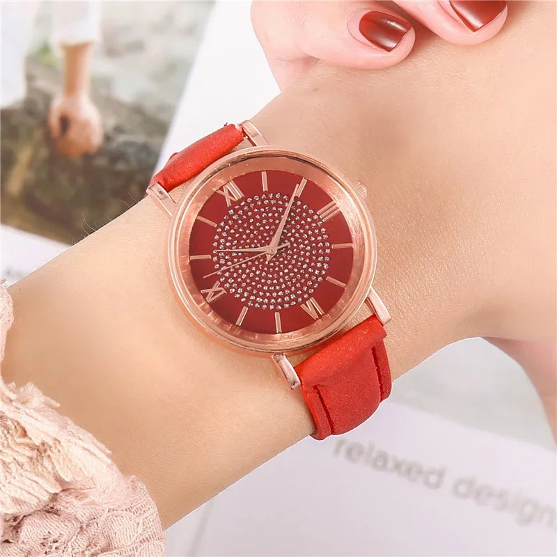 Reloj para Mujer con Dial Estrellado - Moda, Escala Romana y Cristales, Correa de Cuero