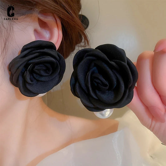 Pendientes colgantes con perla y flor negra para mujer - Moda y accesorios de fiesta