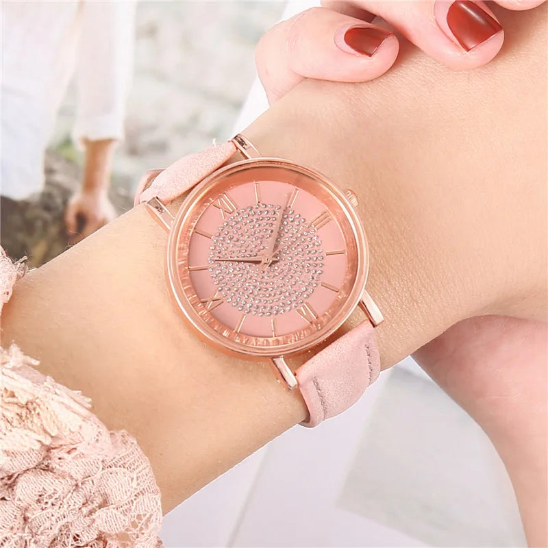 Reloj para Mujer con Dial Estrellado - Moda, Escala Romana y Cristales, Correa de Cuero