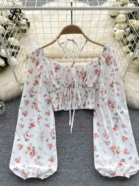 Blusa Corta de Estilo Francés para Mujer - Estampado Floral, Manga Larga y Espalda Descubierta