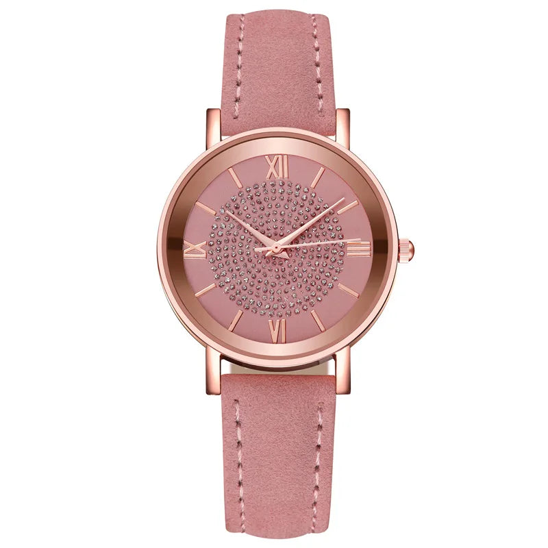 Reloj para Mujer con Dial Estrellado - Moda, Escala Romana y Cristales, Correa de Cuero